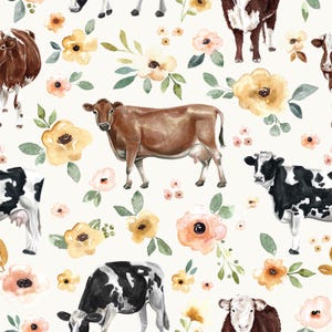 Cream Cow Floral Fabric, Farm Fabric, Fabric by the Yard, Cate and Rainn, Quilting Cotton, Spandex, Sateen, Minky, Ribbed Knit, Canvas