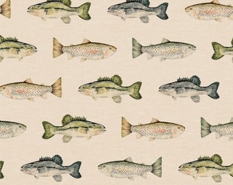 Dark Beige Fish Fabric, Lake Fishing Fabric, Fabric by the Yard, Cate and Rainn, Quilting Cotton, Knit Fabric, Boardshort Fabric, Sateen