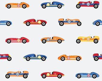 Race Car Fabric, Fabric by the Yard, Vehicle Fabric, Retro Racing, Lily Girl Paper, Quilting Cotton, Boardshort, Broadcloth, Knit Fabric