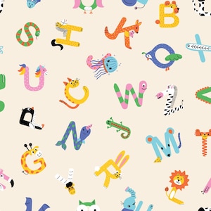 May include: A whimsical pattern featuring the alphabet, each letter creatively designed as an animal. The letters are in various colors, including yellow, green, pink, and blue, set against a cream background. The design includes a snake, a zebra, a lion, and a rabbit.