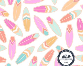 Pink Surf Board Fabric, Summer Surfing Print, Julie Storie Designs