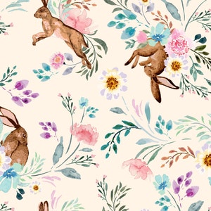 Cream Rabbit Floral Fabric, Easter Fabric, Bunny, Fabric by the Yard, Deer Fiorella, Quilting Cotton, Sateen, Knit Fabric, Canvas, Spandex