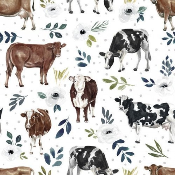 Highland Cow Floral Fabric, Fabric by the Yard, Cate and Rainn, Avaleigh Highland  Cow, Quilting Cotton, Bamboo, Canvas, Spandex, Rib Knit 