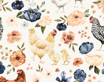 Chicken Floral Fabric, Fabric by the yard, Farm Animal Fabric, Cate & Rainn, Quilting Cotton, Knit Fabric, Canvas, Cotton Spandex, Sateen