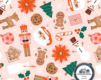 Pink Christmas Fabric, Nutcracker Gingerbread Holiday Print, Julie Storie Designs