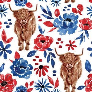 American Cow Floral, Highland Cow Fabric, Fabric by the Yard, Cate and Rainn, Farm Fabric, Quilting Cotton, Canvas, Minky, Broadcloth