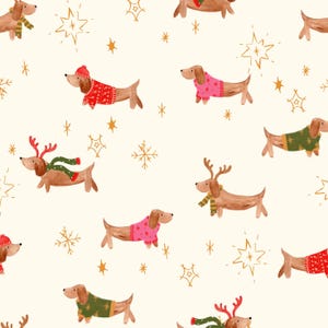 Christmas Dachshund Fabric, Reindeer Dog Fabric, Fabric by the Yard, Ashleigh Fish, Quilting Cotton, Jersey, Canvas, Minky, Broadcloth