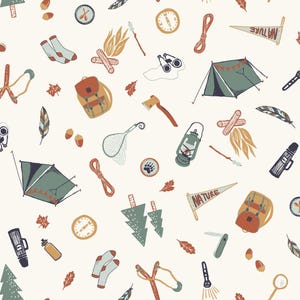 Tent Camping Fabric, Scouts Fabric, Fabric by the Yard, Hufton Studio, Quilting Cotton, Knit Fabric, Minky, Sateen, Broadcloth, Canvas