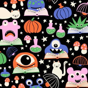 Black Monster Fabric, Fabric by the Yard, Monsters at Work, Quilting Cotton, Spandex, Jersey, Bamboo, French Terry, Spandex, Canvas