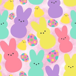 Easter Treats Fabric, Bunny Peeps Fabric, Fabric by the Yard, Quilting Cotton, Bamboo, Sateen, French Terry, Canvas, Jersey, Ribbed Knit