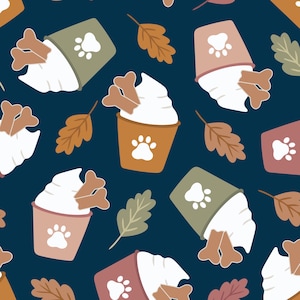 Fall Dog Treat Fabric, Blue Puppy Treat Cups Fabric, Fabric by the Yard, Becca Alessi, Broadcloth, Quilting Cotton, Knit Fabric, Canvas