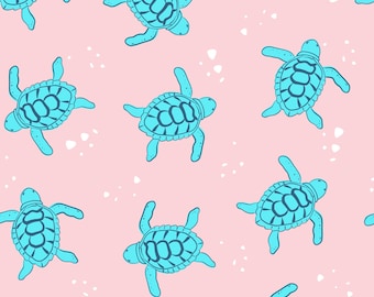 Pink Sea Turtle Fabric, Fabric by the Yard, Quilting Cotton, Prue Melanie, Swim Fabric, Boardshort, Quilting Cotton, Broadcloth, Spandex