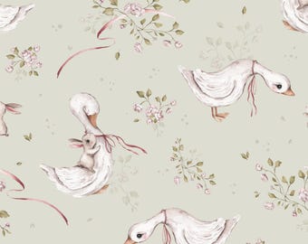 Sage Green Goose Fabric, Geese Fabric, Fabric by the Yard, Pooky's World, Goose Quilt Fabric, Canvas, Lawn, Sateen, Broadcloth, Jersey