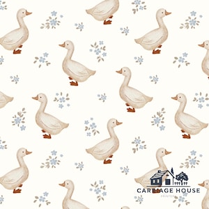 Goose Fabric, Blue Geese Floral Print, Louise Rowles