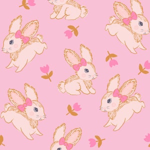 Pink Bunny Fabric, Easter Fabric, Rabbits, Tulips, Fabric by the Yard, Vivie & Ash, Quilting Cotton, Sateen, Knit Fabric, Canvas, Spandex