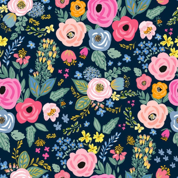 Frühling Navy Blumen-Stoff, Stoff Meterware, Shop Cabin, Quilting