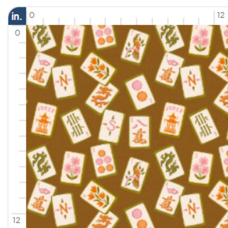 May include: Fabric with a repeating pattern of Mahjong tiles in various designs and colors, including floral, dragon, and number motifs. The tiles are set against a brown background. The word "JOKER" is visible on one of the tiles.