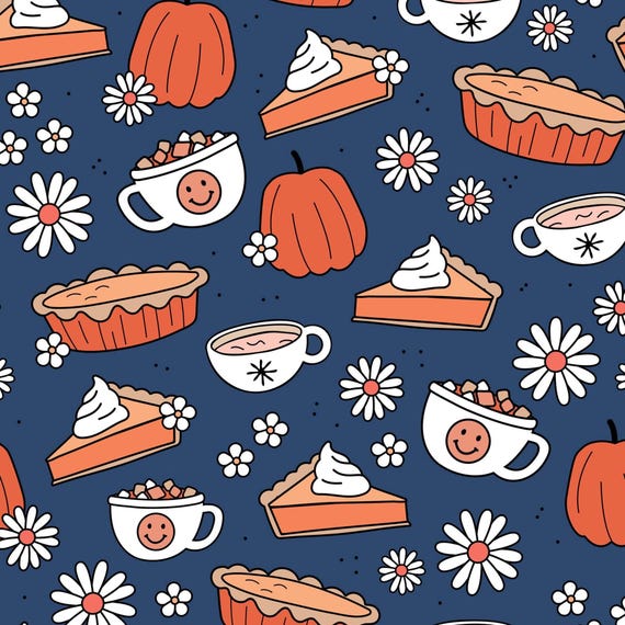 Dunkelblauer Kürbiskuchen Stoff, Thanksgiving Stoff, Meterware