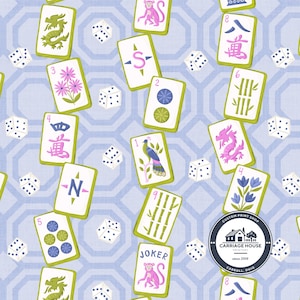 May include: A repeating pattern of Mahjong tiles and dice on a light blue background. The tiles feature various symbols, numbers, and characters in green, pink, and blue. White dice are scattered throughout the design. The image includes a logo that says "Carriage House Printery".