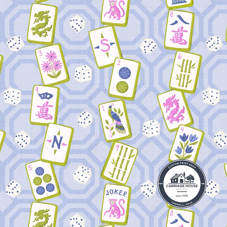 May include: A repeating pattern of Mahjong tiles and dice on a light blue background. The tiles feature various symbols, numbers, and characters in green, pink, and blue. White dice are scattered throughout the design. The image includes a logo that says "Carriage House Printery".