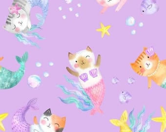 Mermaid Cat Fabric, Fabric by the Yard, Mermaid Kitty Fabric, Swim Fabric, Boardshort Fabric, Bamboo, Jersey, Quilting Cotton, Spandex