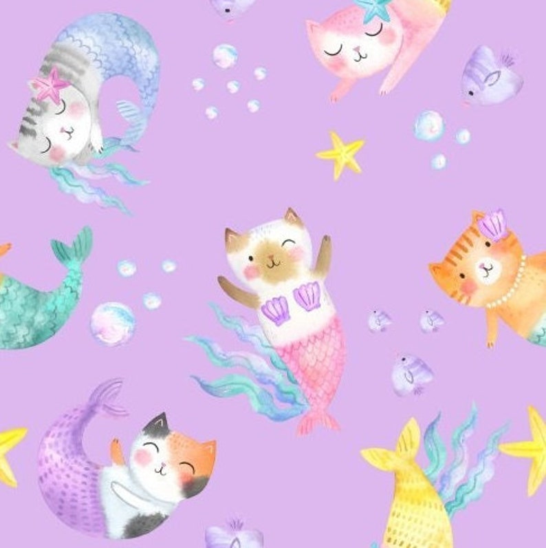 May include: A seamless pattern featuring watercolor illustrations of cats dressed as mermaids on a purple background. The cats have different colored tails and fins, and some are wearing seashells. There are also small fish and bubbles scattered throughout the pattern.