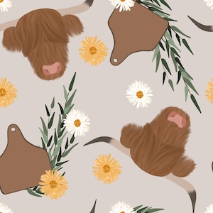 Highland Cow Floral Fabric, Fabric by the yard, Farm Animal Fabric, By Design Graphics, Quilting Cotton, Knit Fabric, Canvas, Broadcloth