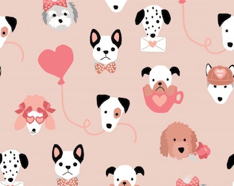 Valentine Puppy Fabric, Dog Balloons Fabric, Valentines Day Fabric, Fabric by the Yard, Quilting Cotton, Bamboo, Spandex, Jersey, Sateen