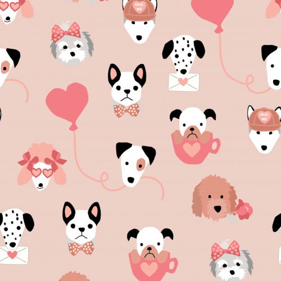 Valentine Puppy Fabric, Dog Balloons Fabric, Valentines Day Fabric, Fabric by the Yard, Quilting Cotton, Bamboo, Spandex, Jersey, Sateen