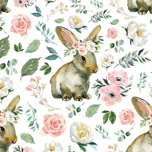 Spring Bunny Fabric, Rabbit Flower Crown Fabric, Fabric by the Yard, Michelle Hemeon, Quilting Cotton, Knit Fabric, Canvas, Bamboo, Spandex
