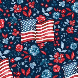 Blue American Flag Floral Fabric, Patriotic Fabric, Fabric by the Yard, 4th of July, Cate and Rainn, Quilting Cotton, Knit Fabric, Spandex