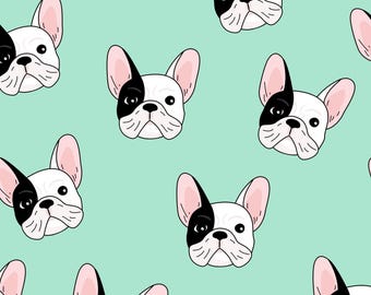 Tissu vert bouledogue français, tissu pour chien Frenchie, tissu par mètre, petits faiseurs de sourires, courtepointe en coton, tricot, toile, minky