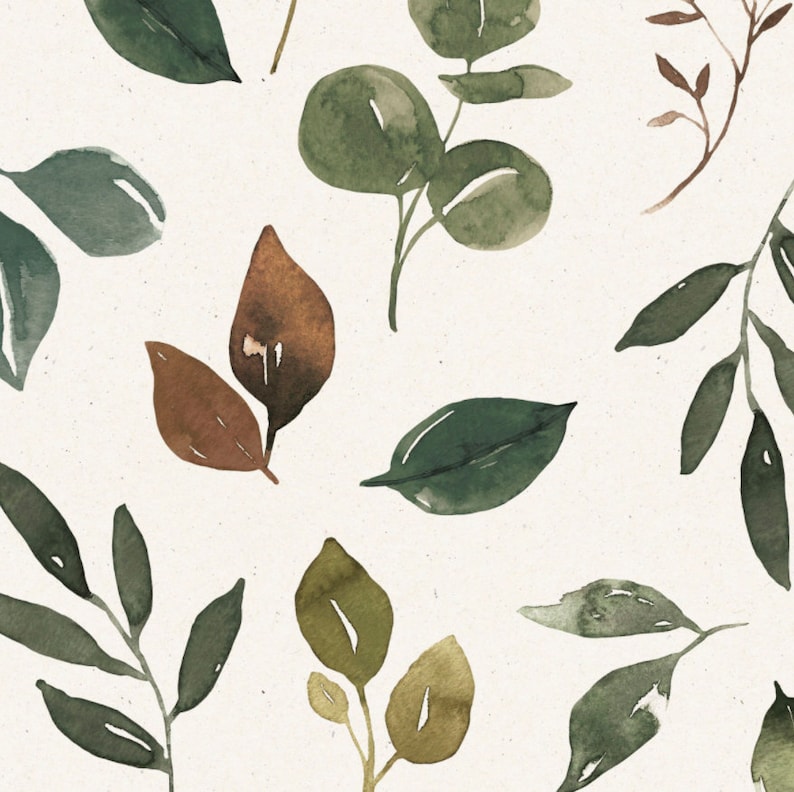 May include: A seamless pattern featuring watercolor illustrations of leaves in shades of green, brown, and gold. The leaves are arranged in a random pattern on a white background.