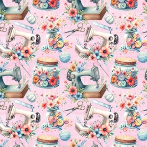 Pink Sewing Machine Floral Fabric, Seamstress Fabric, Fabric by the Yard, Mikayla Murphy, Quilting Cotton, Broadcloth, Canvas, Minky, Sateen