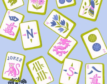 Blue Mahjong Tile Fabric by the Yard, Chinese Game print, Lily Girl Paper
