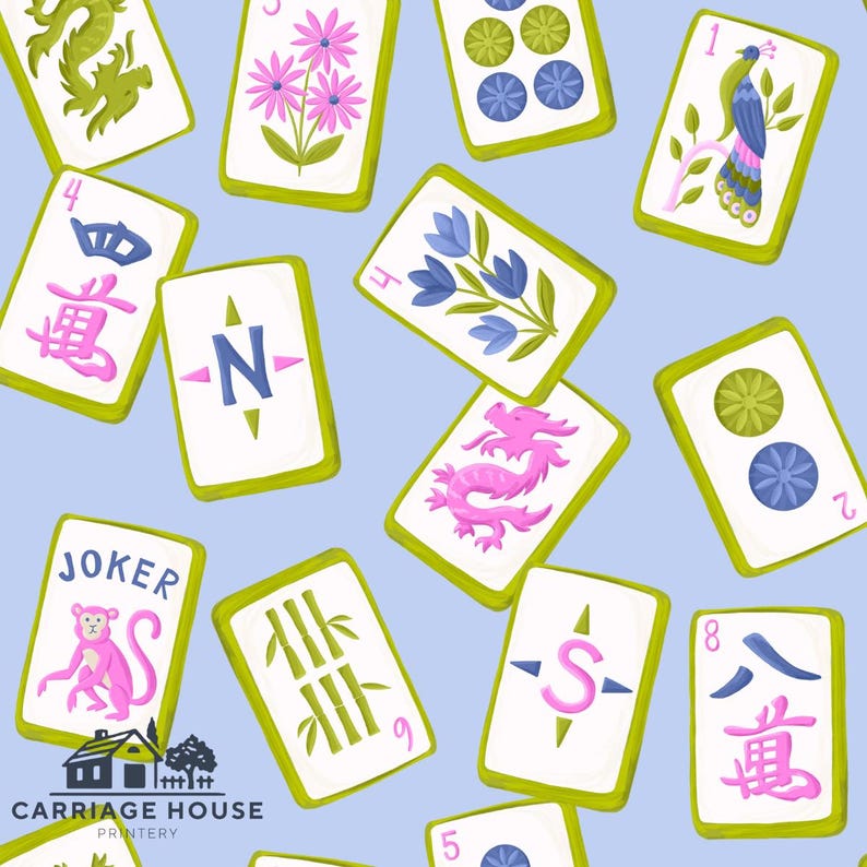 May include: A pattern of colorful Mahjong tiles with various illustrations, including flowers, dragons, and bamboo. The tiles have a white background with green borders and are scattered on a light blue background. Some tiles feature numbers and Chinese characters.