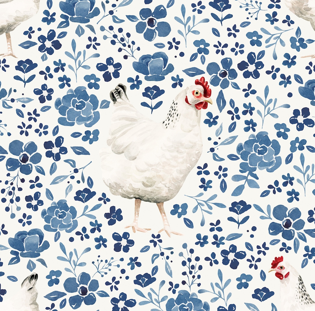 Blue Floral Chicken Fabric, Fabric by the Yard, Farm Animal Fabric ...