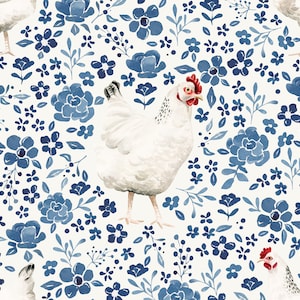 Blue Floral Chicken Fabric, Fabric by the yard, Farm Animal Fabric, Cate & Rainn, Quilting Cotton, Sateen, Spandex, Canvas, Broadcloth