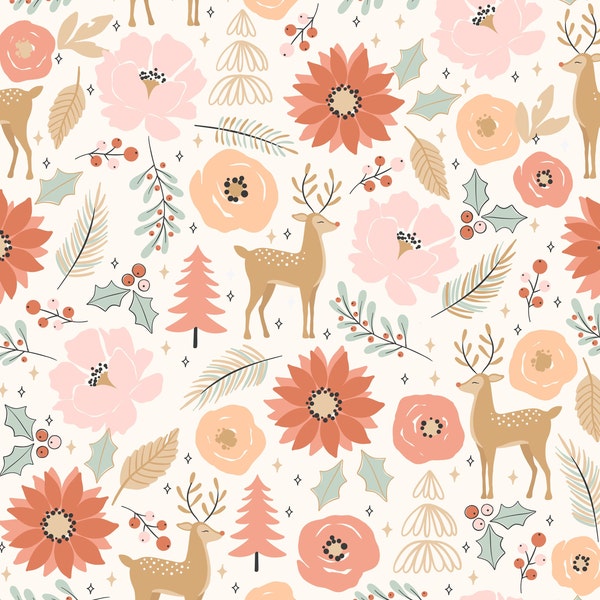 Boho Reindeer Floral Fabric, Christmas Fabric, Fabric by the Yard, Julie Storie, Quilting Cotton, Knit Fabric, Canvas, Spandex, Bamboo