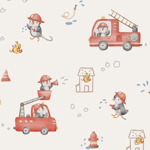Penguin Fire Engine Fabric, Firetruck Fabric, Fabric by the Yard, Baby Toddler Boy Fabric, Quilting Cotton, Minky, Broadcloth, Jersey
