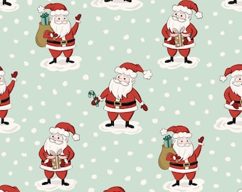Mint Green Santa Fabric, Christmas Fabric, Fabric by the Yard, Lily Girl Paper, Quilting Cotton, Canvas, Knit Fabric, Sateen, Broadcloth