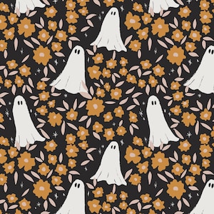 May include: A repeating pattern featuring white ghost figures with black eyes and orange flowers on a black background. The design includes small pink leaves and white star-shaped accents, creating a whimsical Halloween theme.