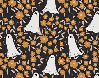 Boho Ghost Floral Fabric, Halloween Fabric, Fabric by the Yard, Juniper Row, Quilting Cotton, Broadcloth, Canvas, Minky, Sateen, Spandex