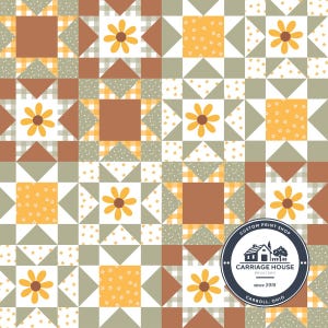 May include: A repeating pattern featuring squares, triangles, and floral designs in shades of brown, yellow, and gray. The pattern includes daisies, gingham, and polka dots. A circular logo with text is in the lower right corner.