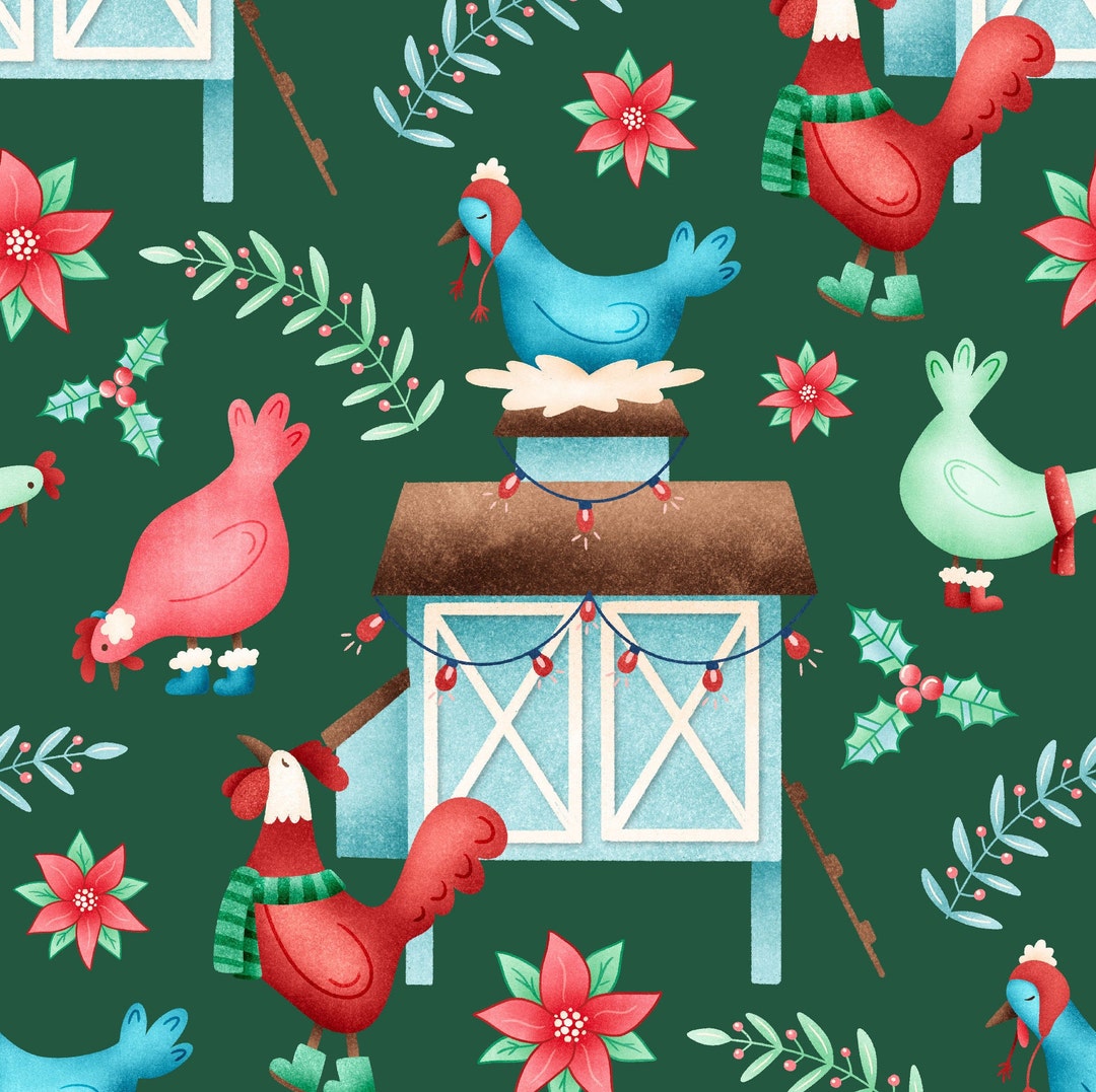 Christmas Chicken Fabric, Chicken Coop Fabric, Krystal Winn, Fabric by
