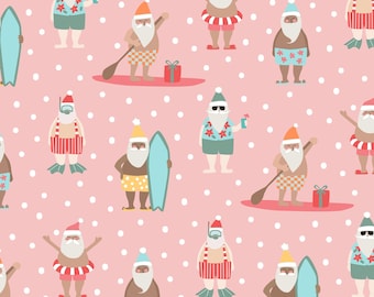 Tela rosa de Papá Noel surfista, tela navideña hawaiana, tela cortada a medida, algodón para acolchado, tejidos de punto, minky, paño fino, satén