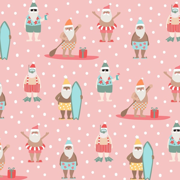 Pink Surfing Santas Fabric, Hawaiian Christmas Fabric, Fabric by the Yard, Quilting Cotton, French Terry, Jersey, Bamboo, Canvas, Spandex