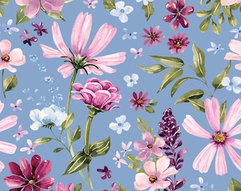 Tela floral morada, tela de acuarela, tela cortada a medida, Cate and Rainn, algodón acolchado, paño fino, satén, minky, elastano