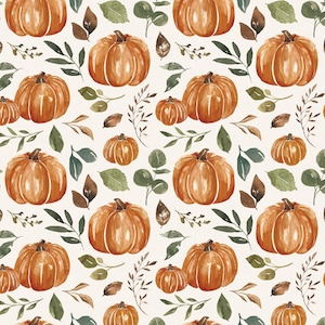 Może przedstawiać: Wzór bez szwów z akwarelowymi ilustracjami pomarańczowych dyni i zielonych liści na białym tle. Dynie są różnych rozmiarów i ułożone w powtarzający się wzór.