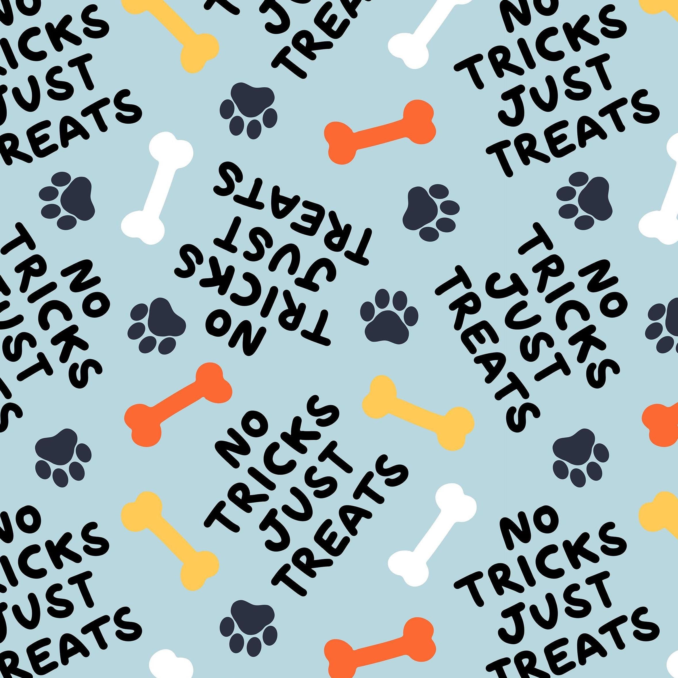 Blue Halloween Dog Fabric, No Tricks Just Treats, Fabric by the Yard, Prue Melanie, Quilting Cotton, Sateen, Ribbed Knit, Spandex, Jersey